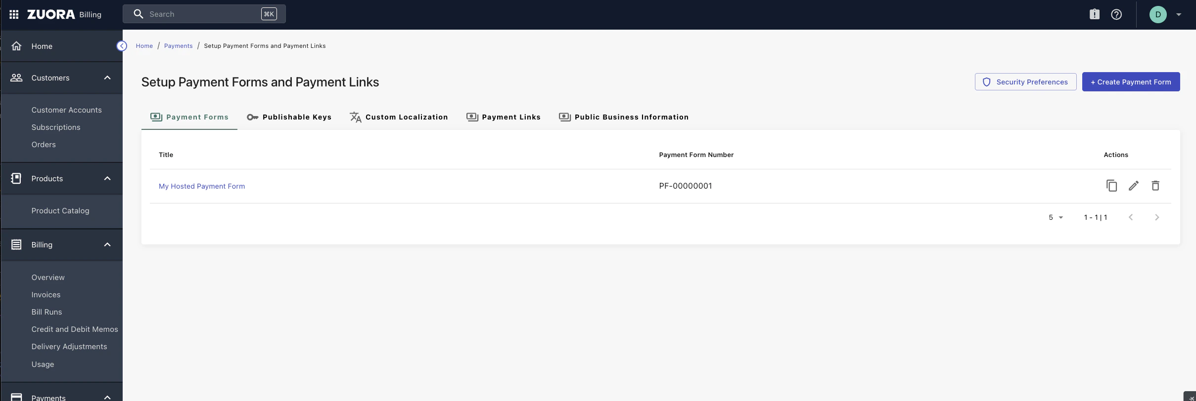 Zuora Setup Payment Forms and Payment Links list