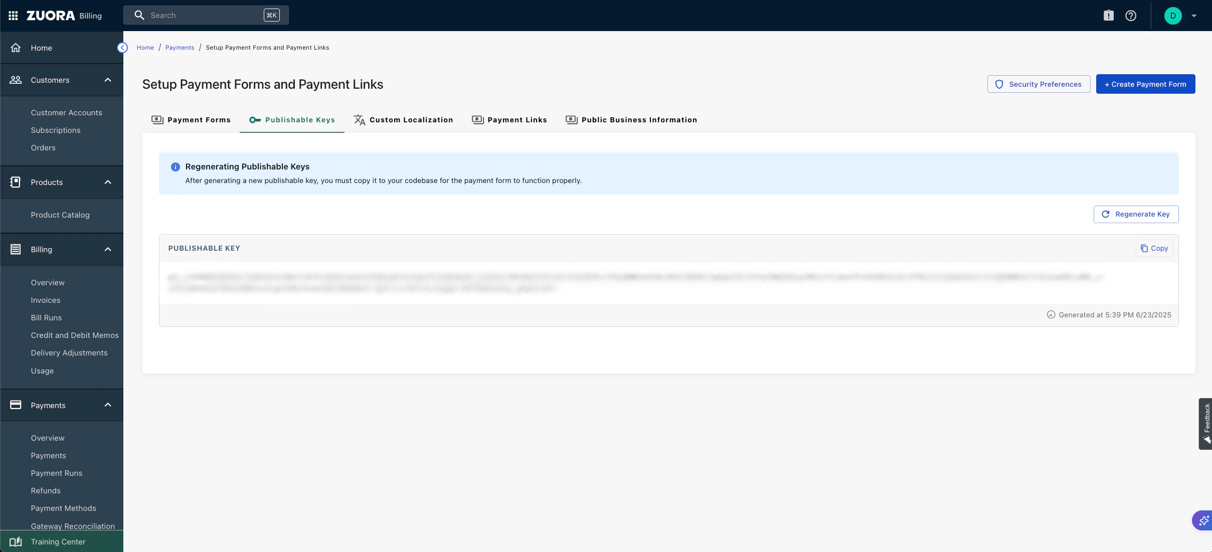 Zuora Publishable Keys tab