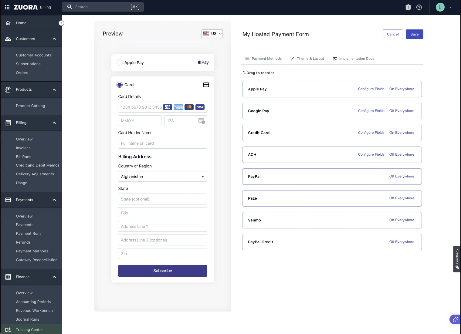 Zuora payment form editor