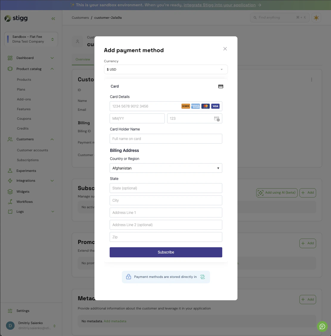 Zuora payment form rendered inside the Stigg Checkout widget