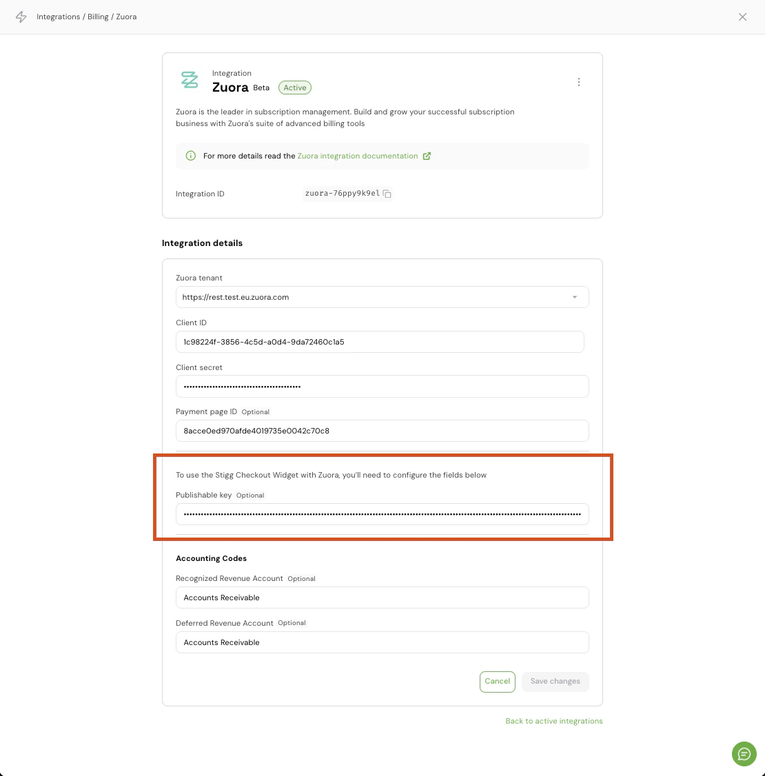 Stigg Zuora integration settings with Publishable key field highlighted