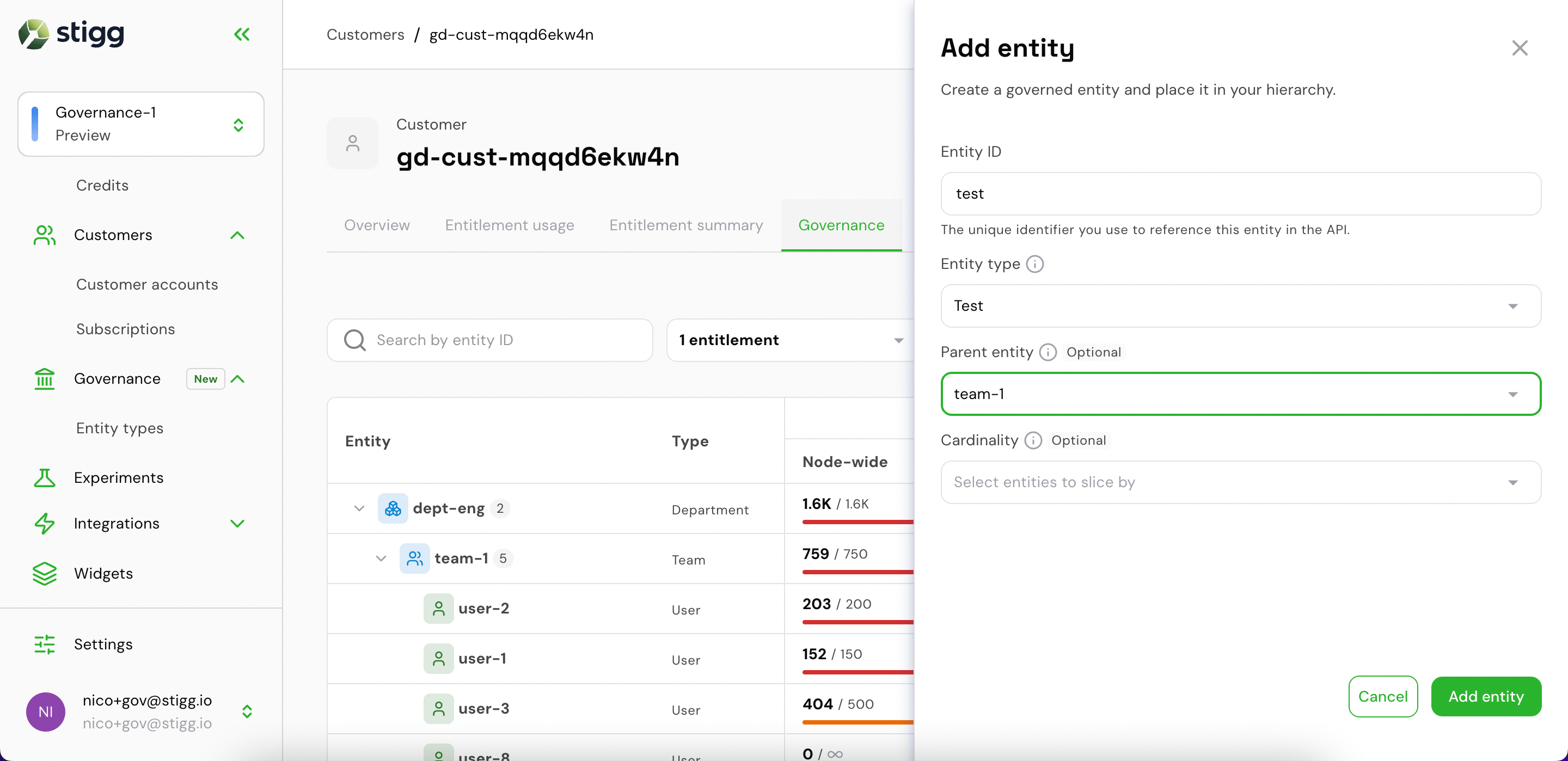 Add entity — parent selected