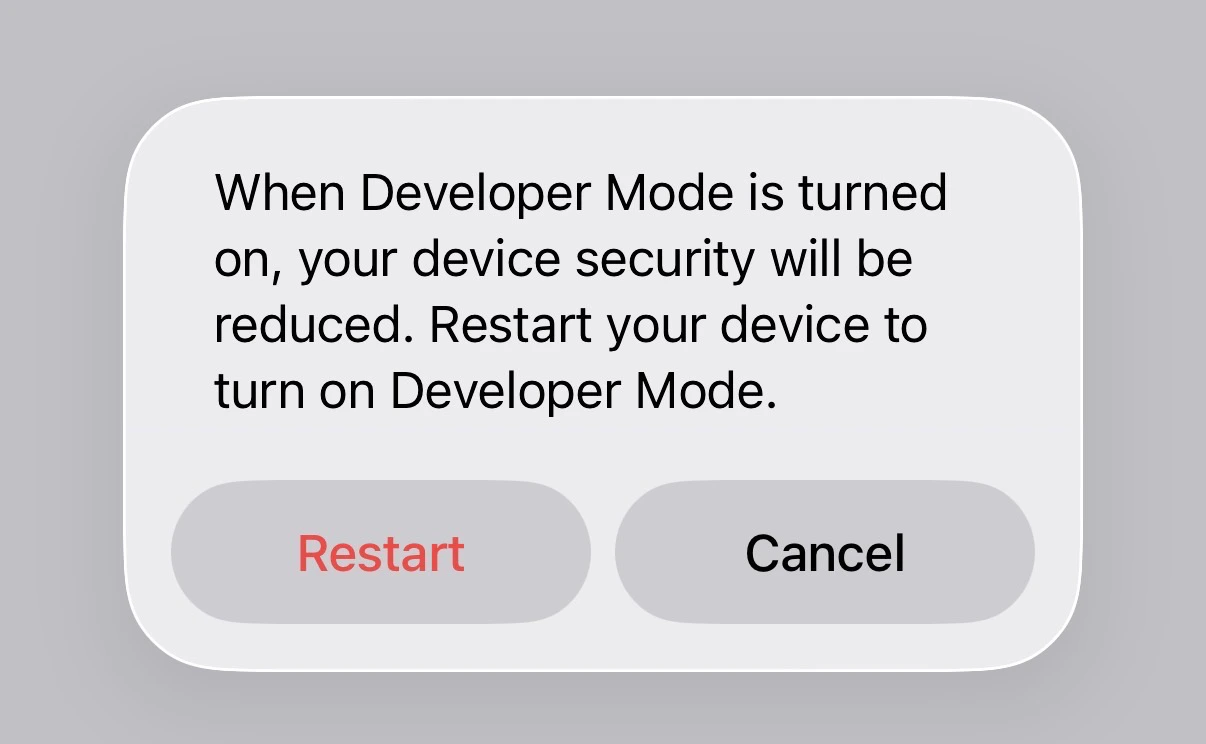 Developer Mode restart prompt