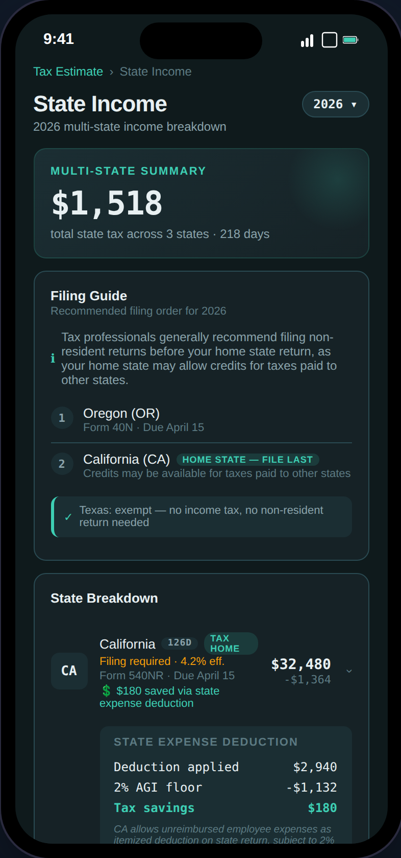 State Income page with filing guide, state cards, and reciprocity badges
