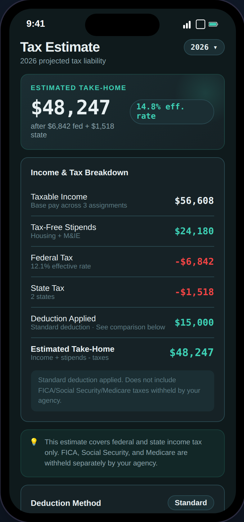 Tax Estimate page showing take-home amount, income rows, and deduction comparison