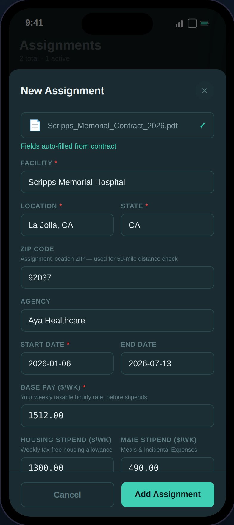 Assignment form with fields auto-filled from a scanned contract PDF
