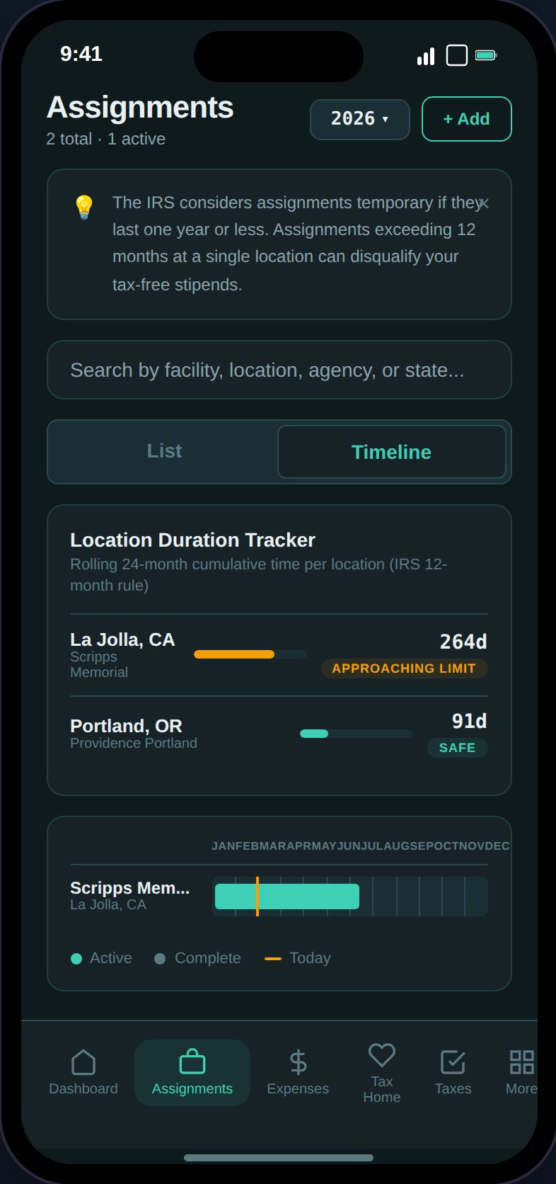 Assignments page showing assignment cards with timeline view, status badges, and compensation breakdown