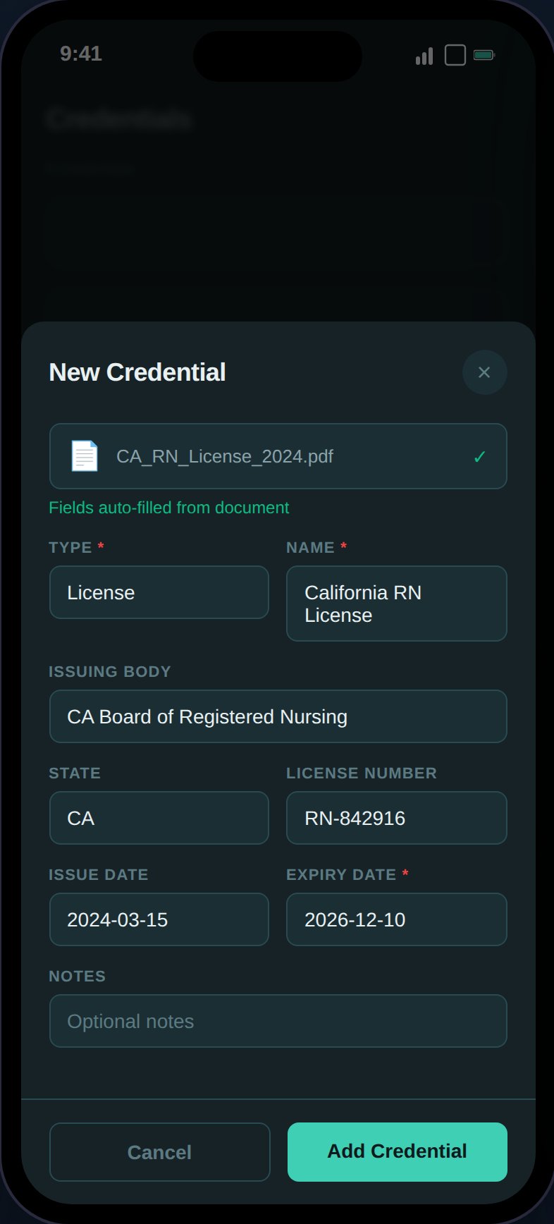 Credential form with fields auto-filled from a scanned license document