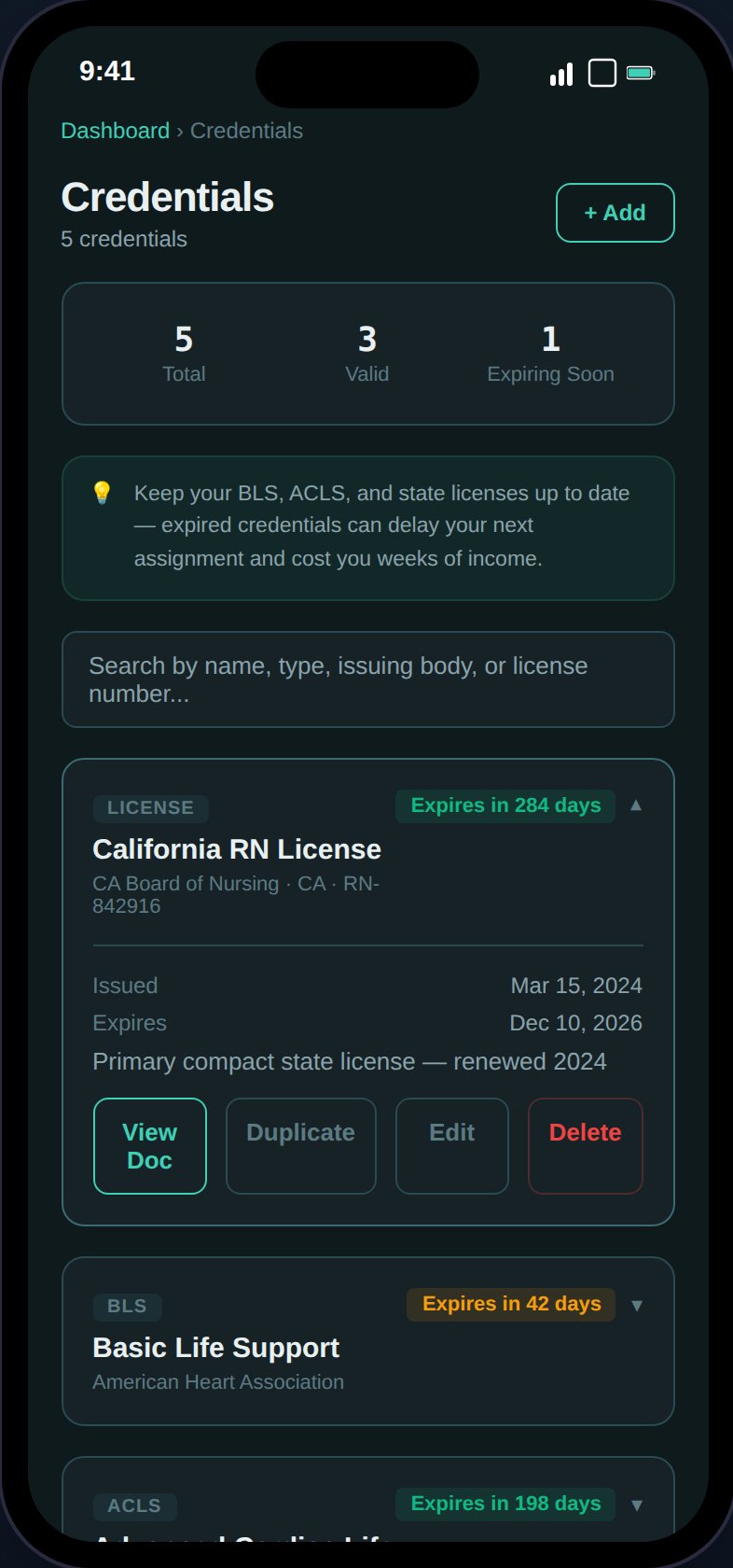 Credentials page showing credential cards with type badges, expiry status, and summary counts