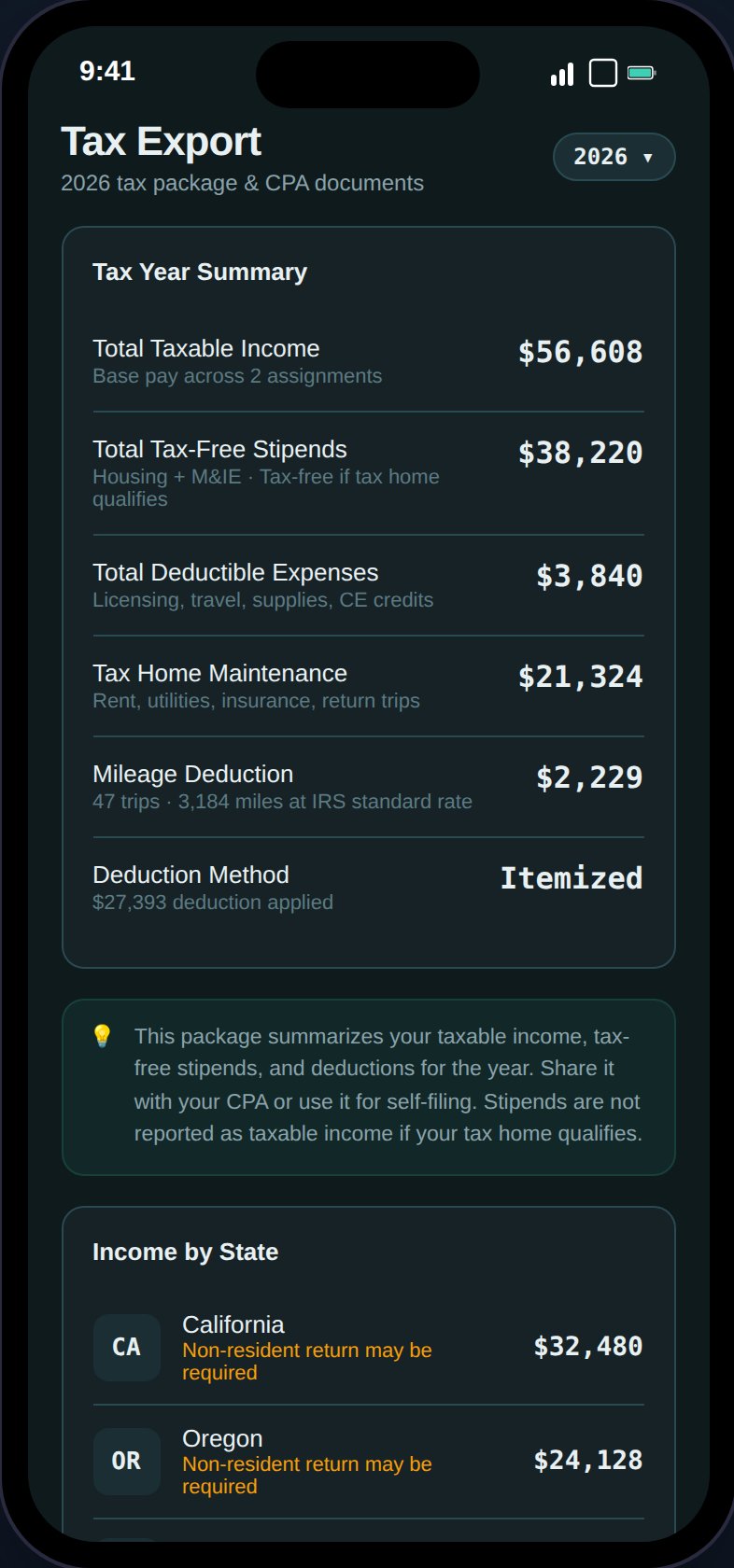 Export page showing audit defense checklist with progress ring score, W-2 checklist, and download buttons