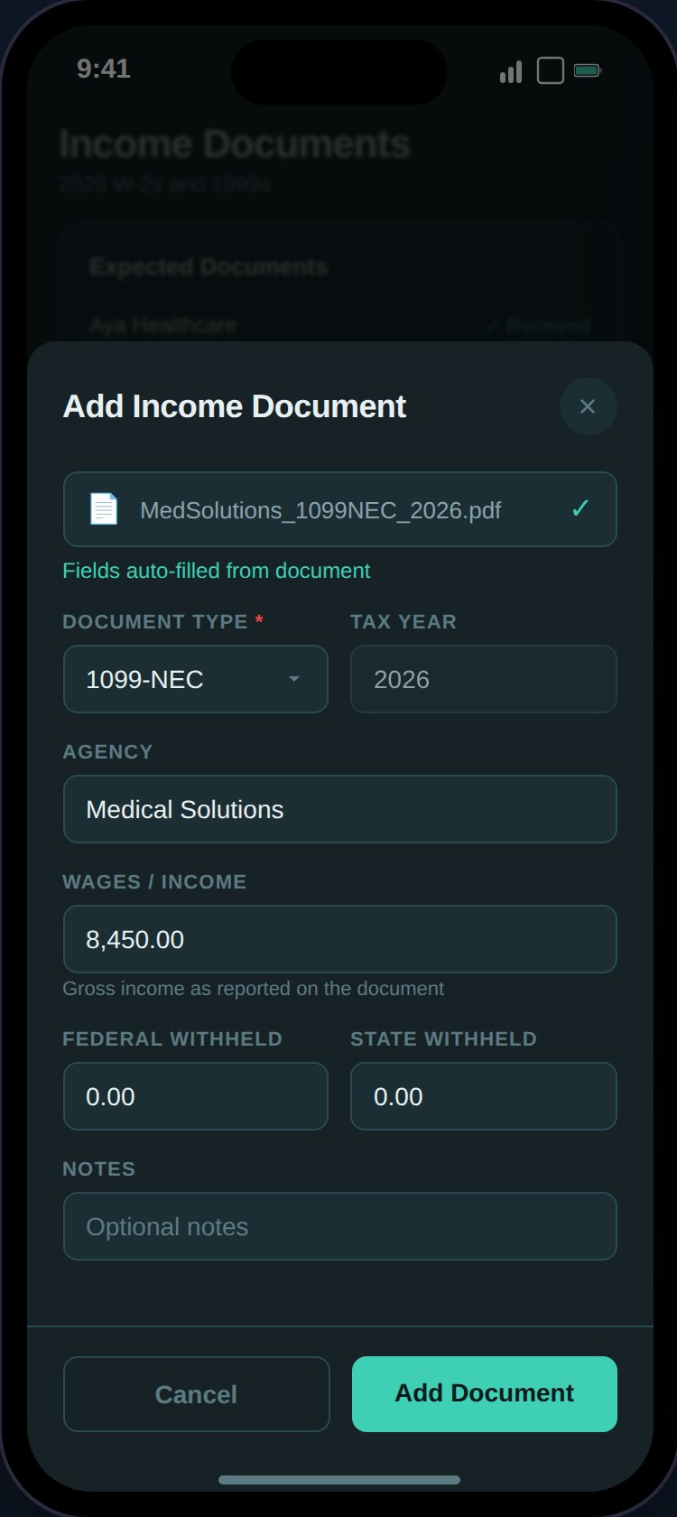 Income document form with fields auto-filled from a scanned W-2 document