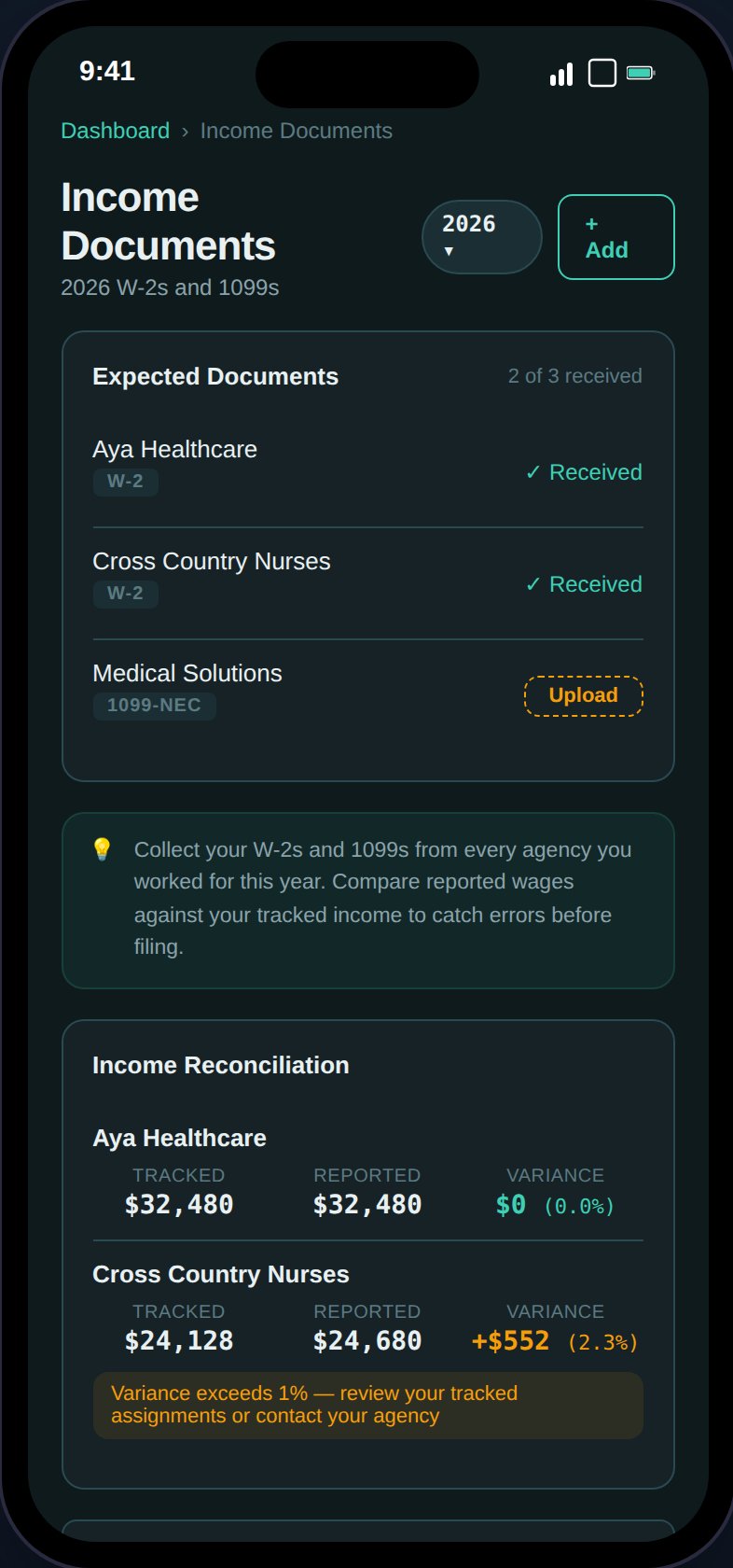 Income Documents page showing agency checklist with received/missing status and document cards with type badges