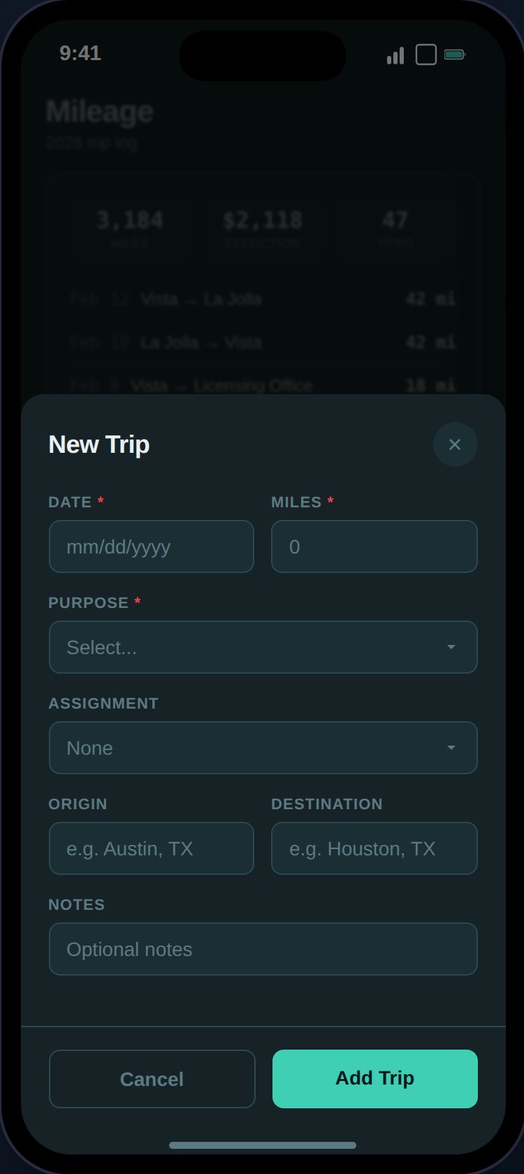 Mileage form showing fields for date, miles, purpose, origin, destination, and assignment