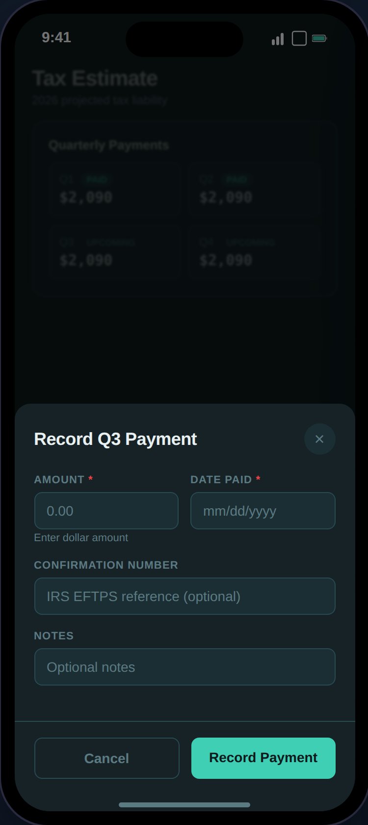 Quarterly payment form showing amount, date, confirmation number, and notes fields