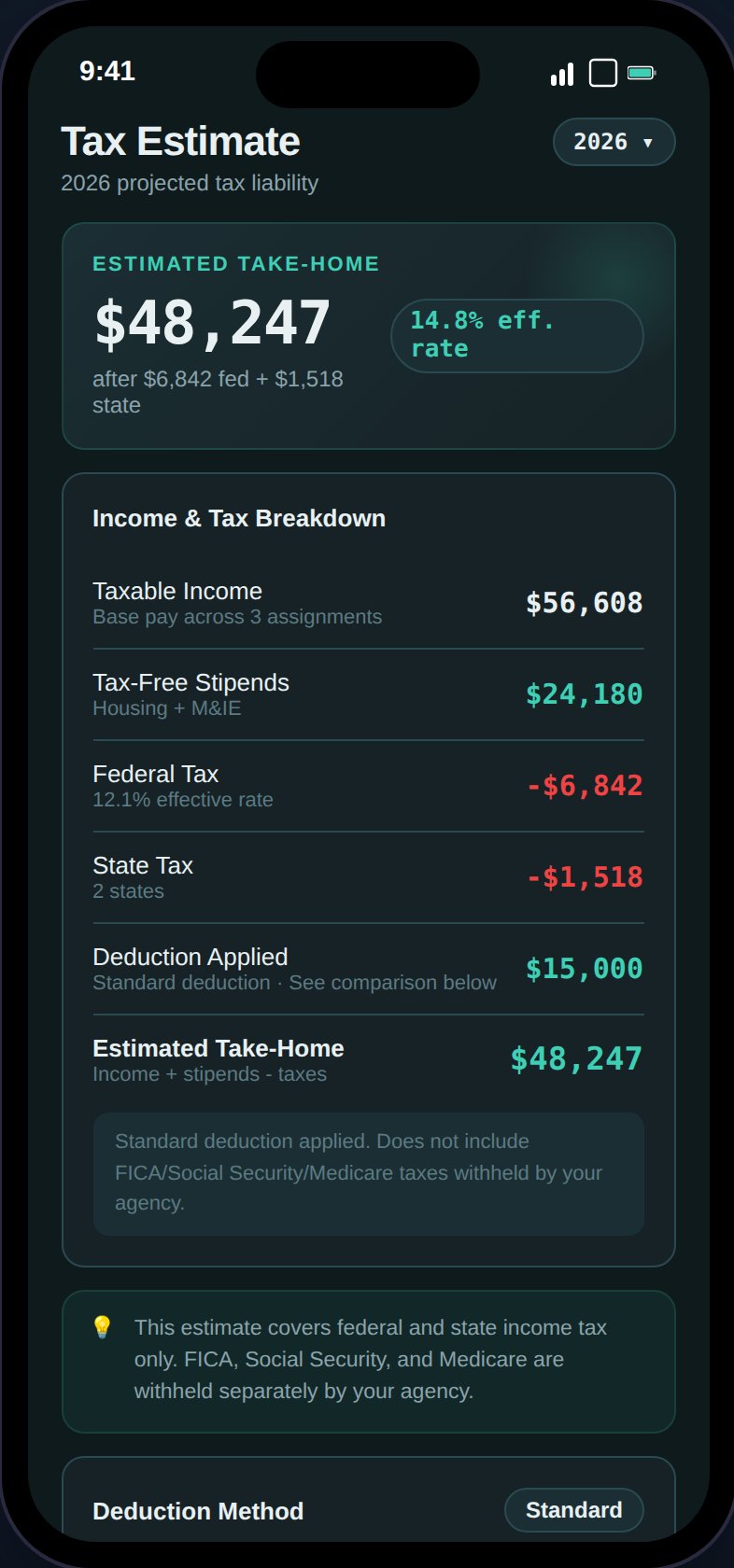 Tax Estimate page showing tax summary with federal and state tax, deductions breakdown, and state income rows