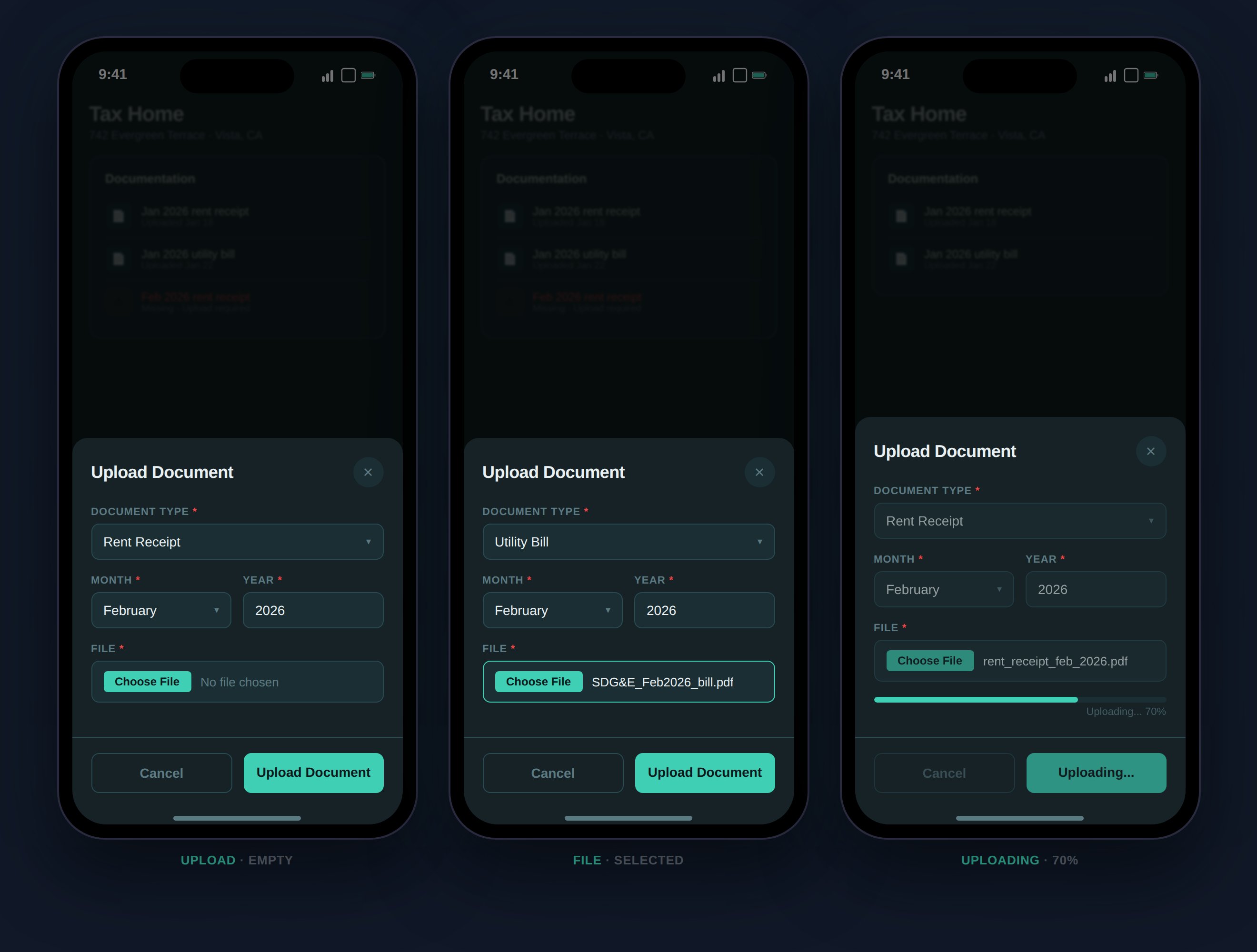 Document upload form showing file selection, type picker, and upload progress