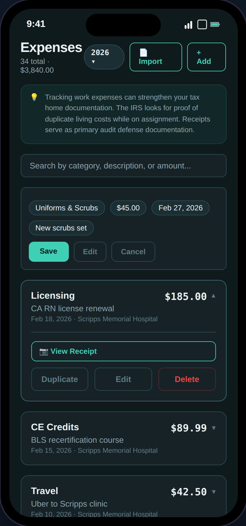 Expenses page showing expense list with categories, amounts, and receipt attachments