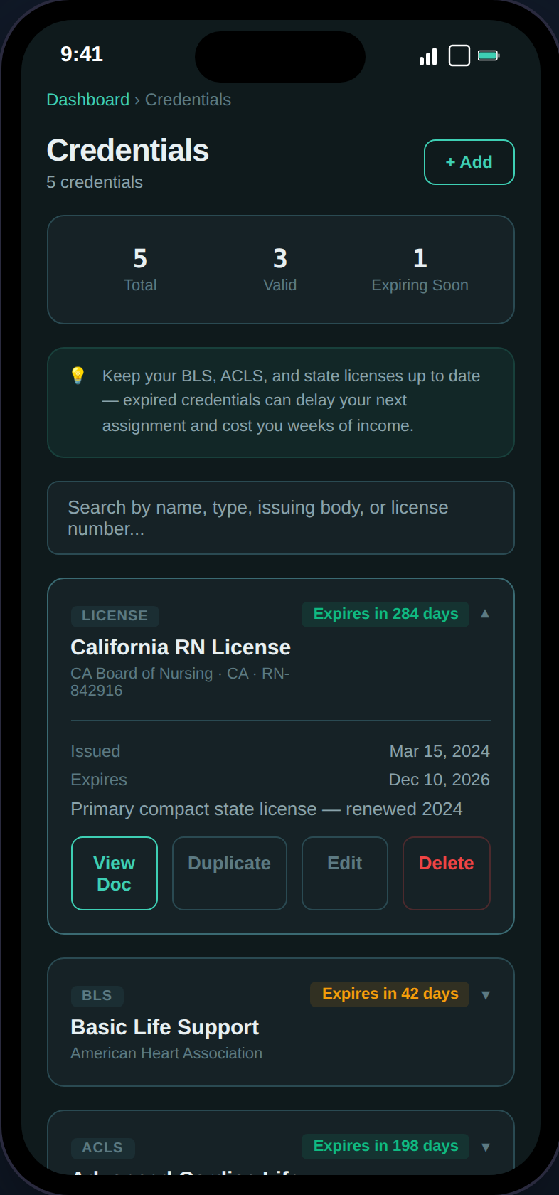 Credentials page with summary card and credential list showing expiry status