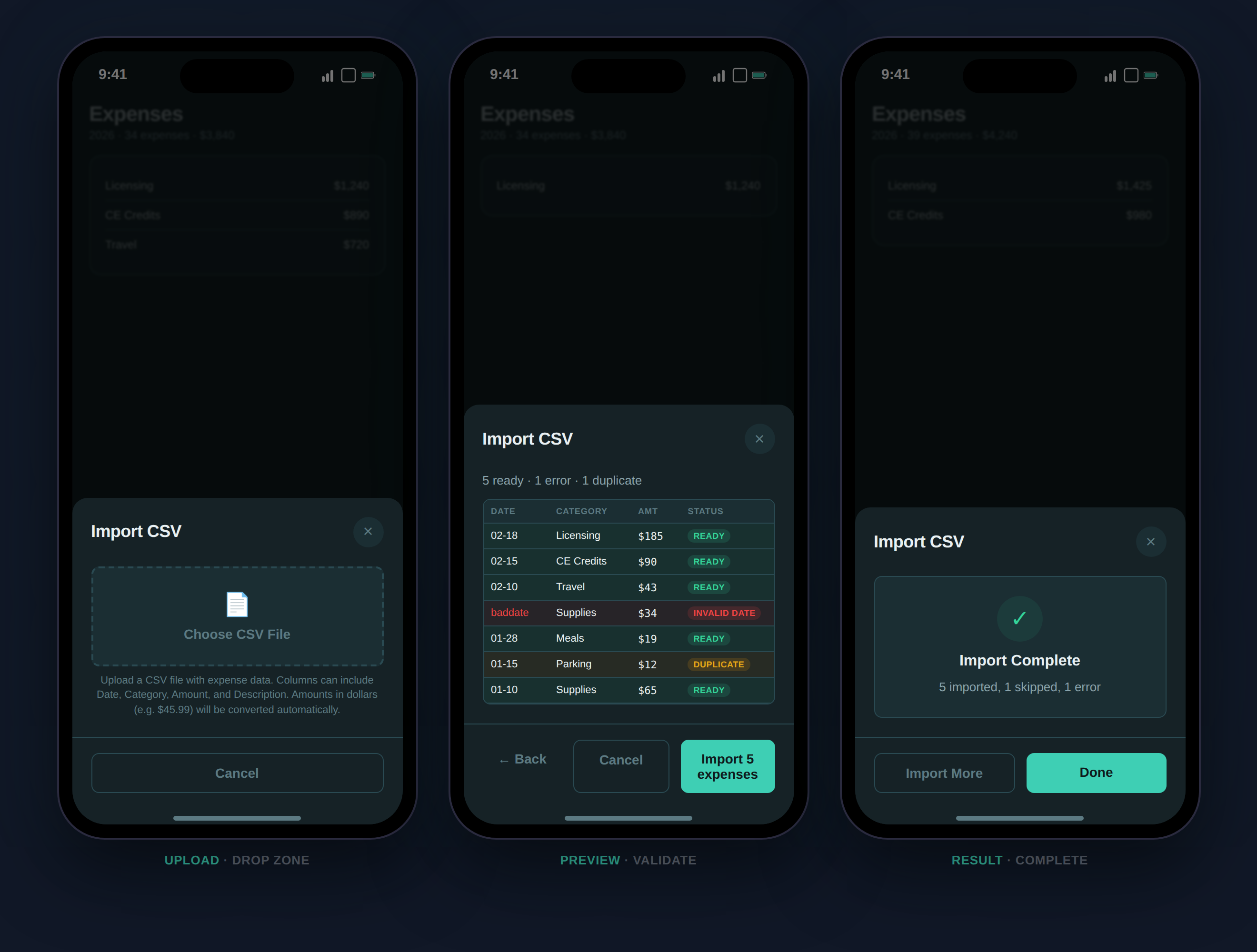 CSV import flow showing upload, color-coded preview, and import results