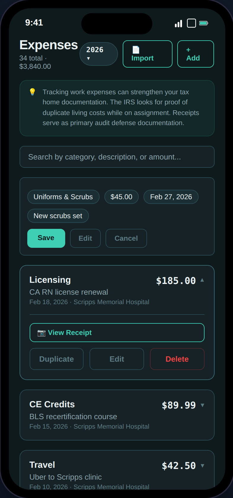 Expenses page with categorized expense cards and receipt viewer