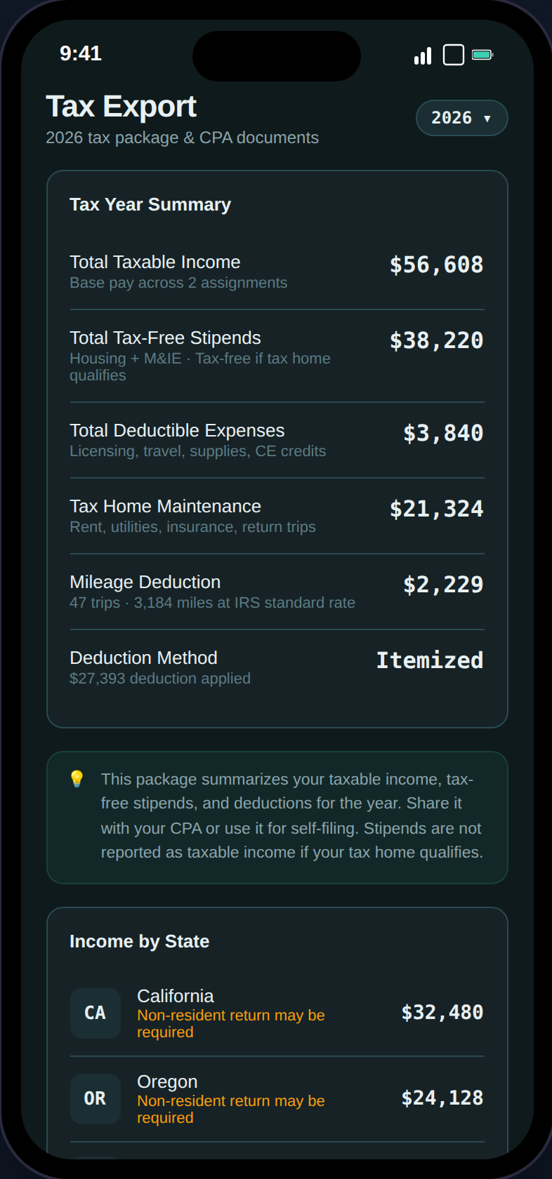 Export page showing tax year summary and download buttons