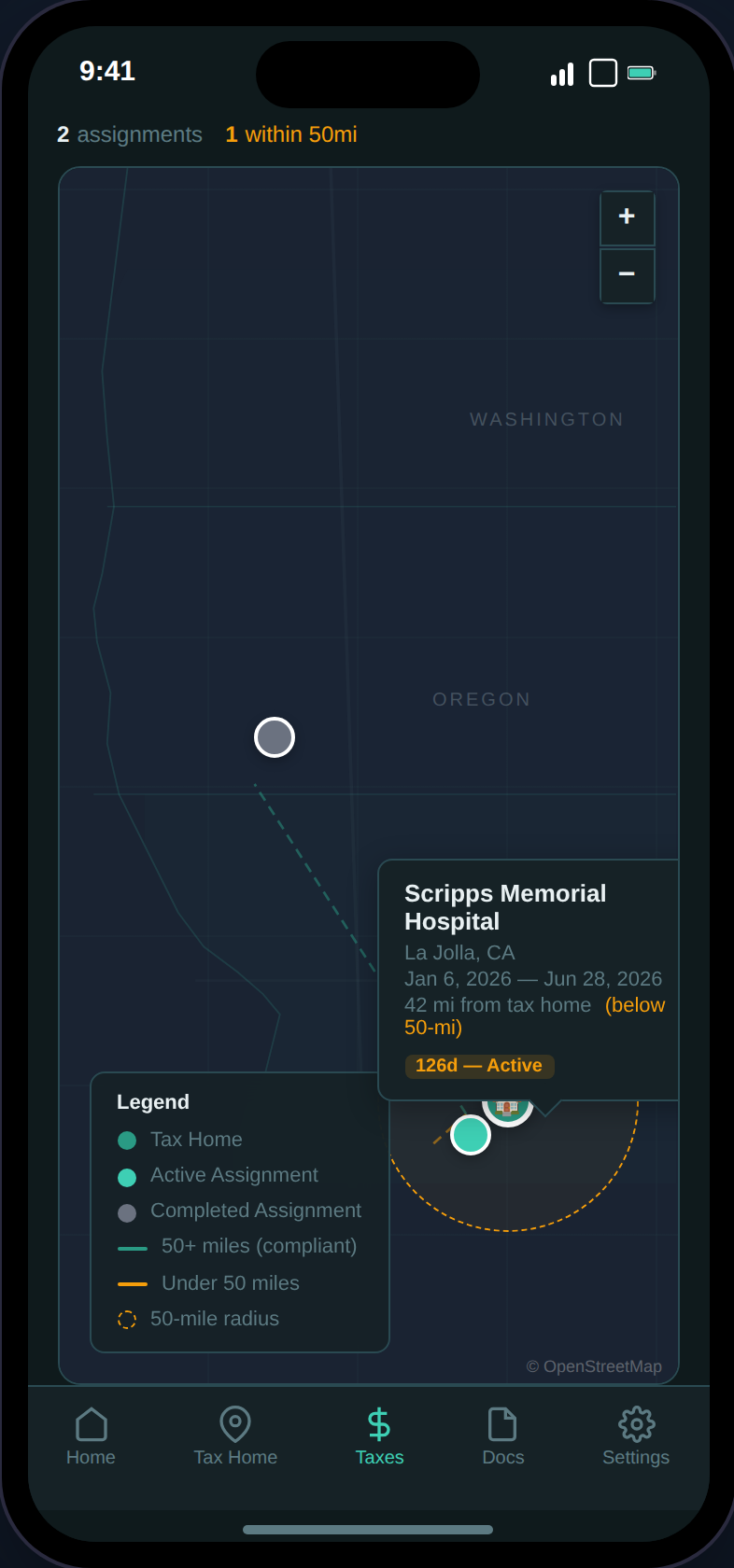 Interactive map with 50-mile radius circle, tax home marker, and assignment pins