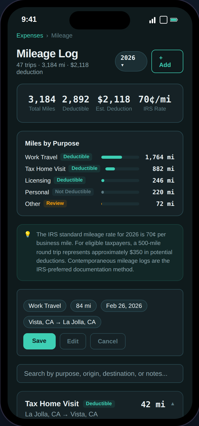 Mileage page showing summary stats and expandable trip cards