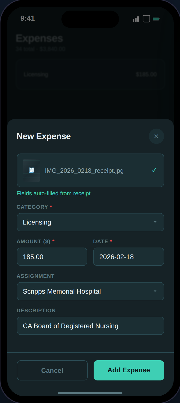 Expense form with receipt scan auto-filling amount, date, and vendor