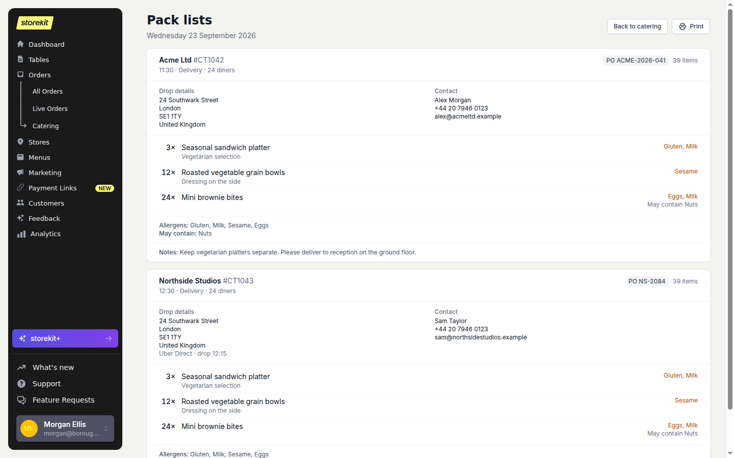 Catering pack lists showing separate order cards with contact details, delivery information, item quantities, modifiers, allergens and notes