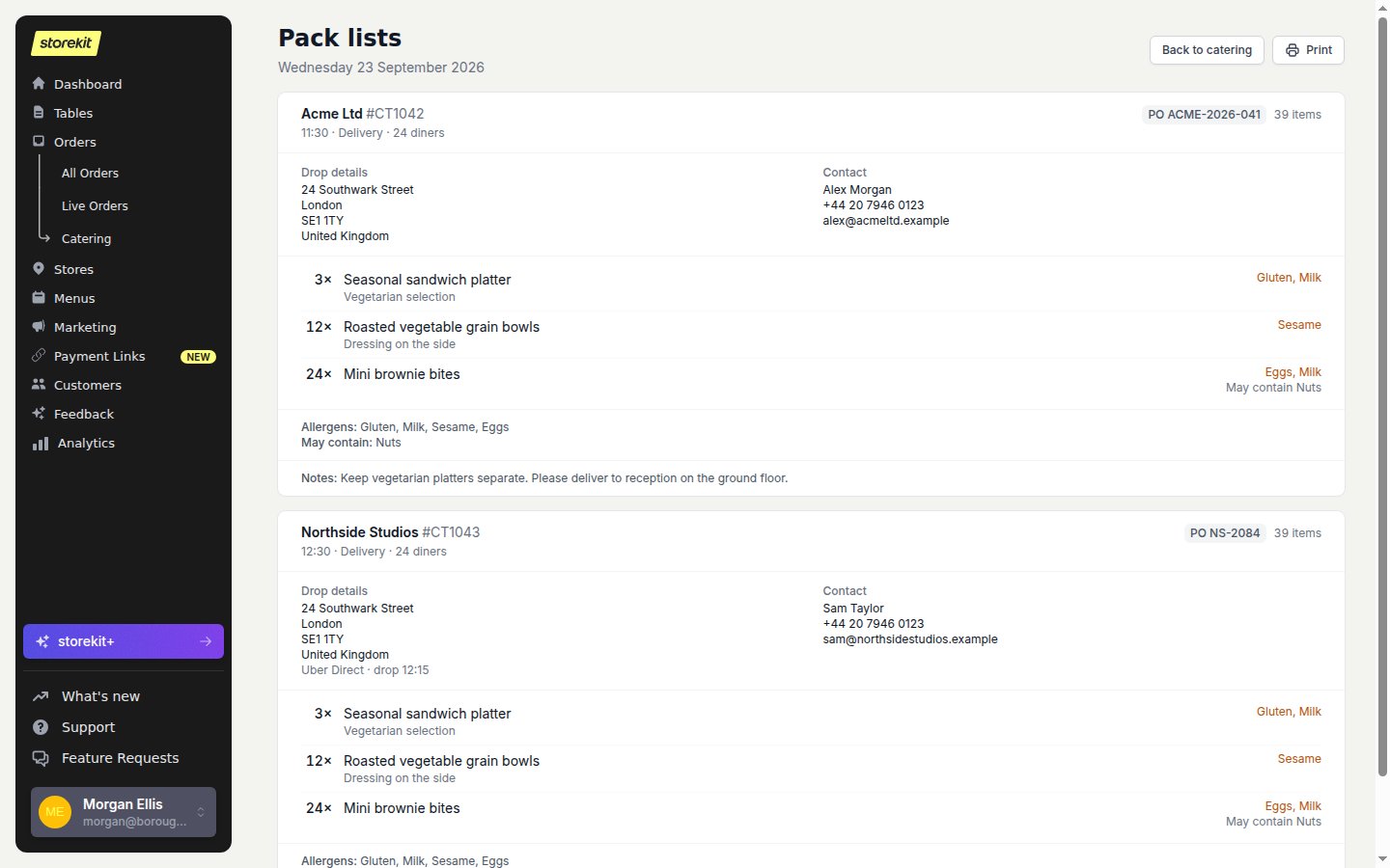 Catering pack lists showing separate order cards with contact details, delivery information, item quantities, modifiers, allergens and notes
