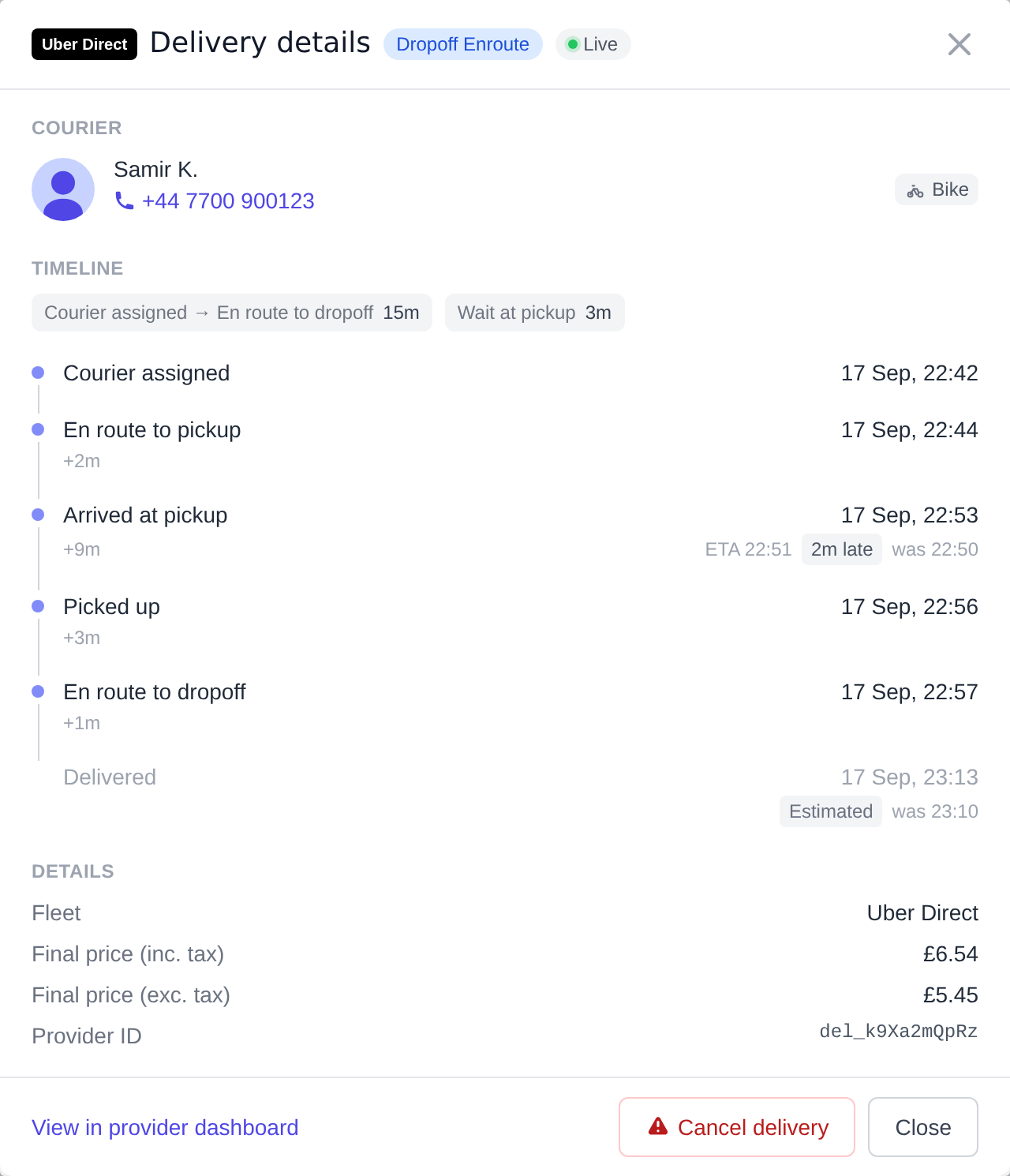 Delivery details panel showing the Courier, Timeline and Details sections with the Cancel delivery button