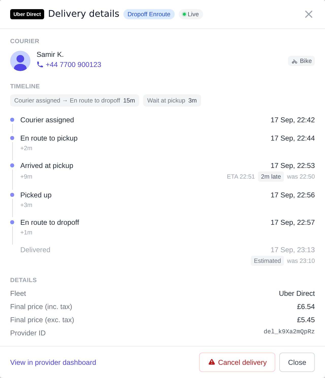 Delivery details panel showing the Courier, Timeline and Details sections with the Cancel delivery button