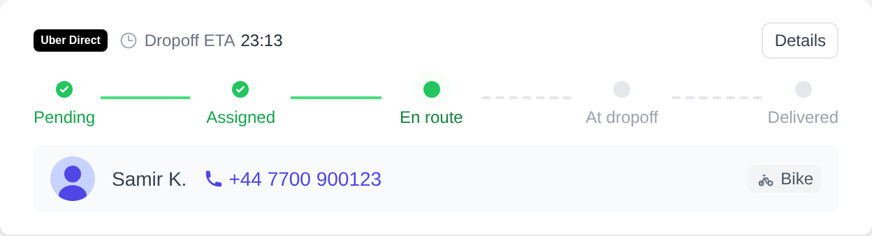 Uber Direct delivery tracker on the order page showing the progress bar, courier name, phone number, Bike badge and Details button