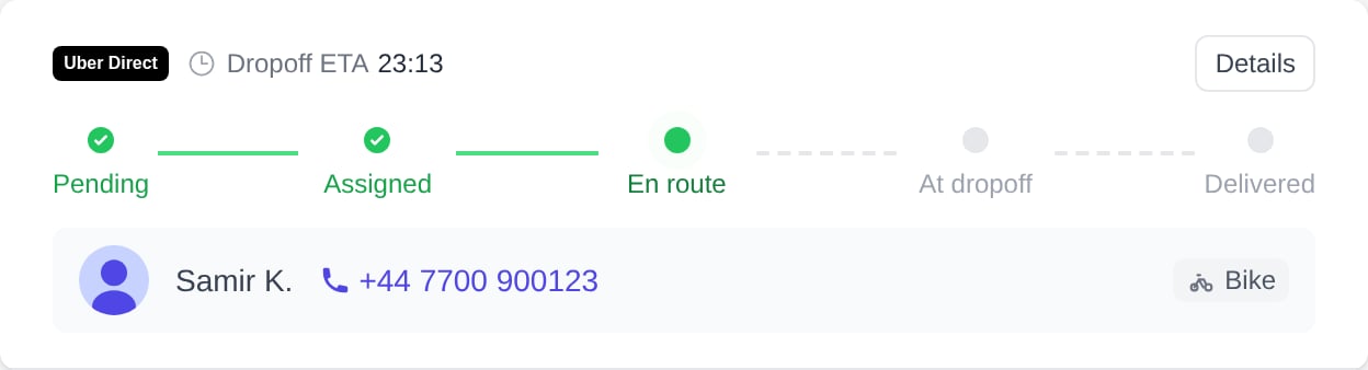 Uber Direct delivery tracker on the order page showing the progress bar, courier name, phone number, Bike badge and Details button