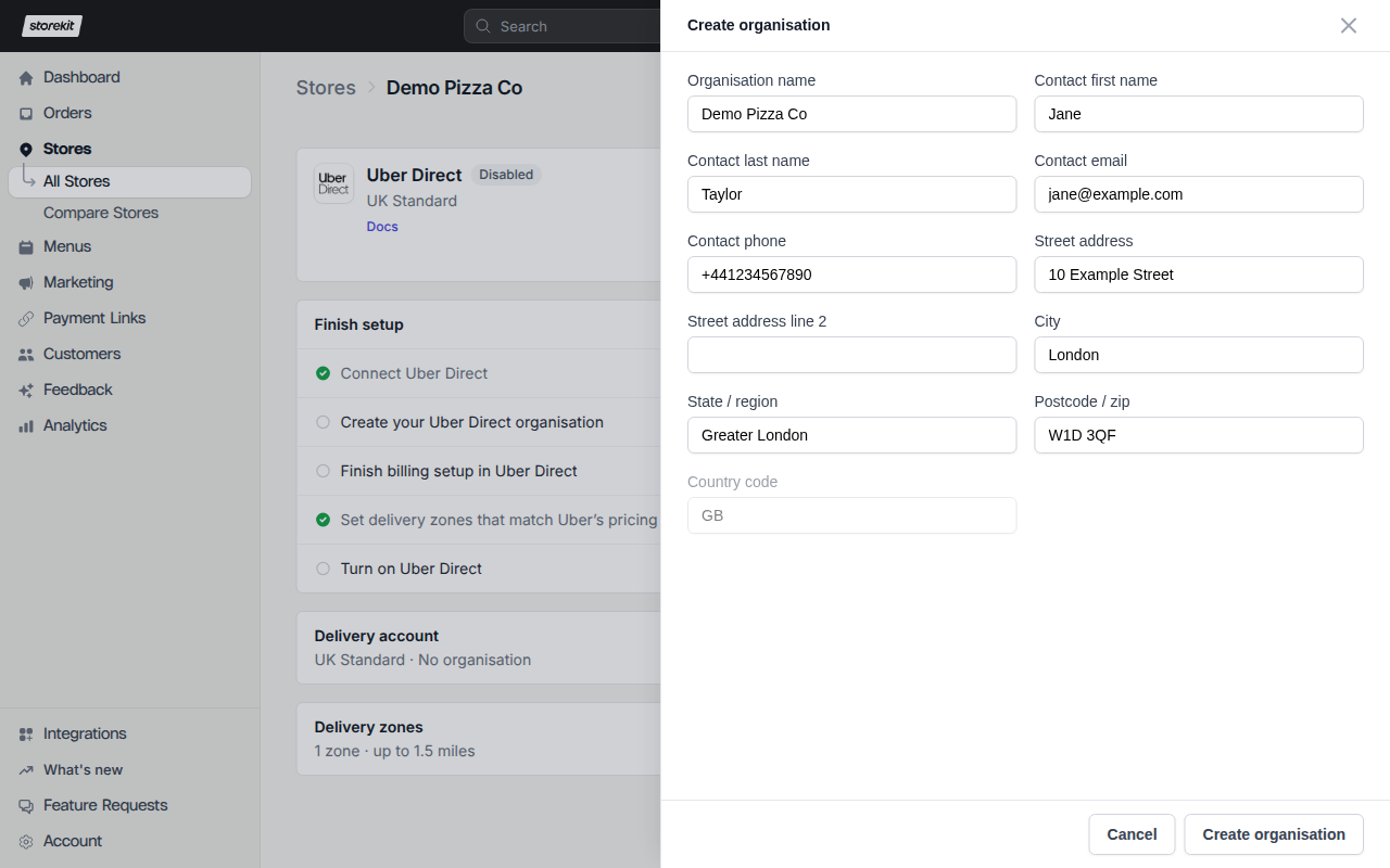 Create organisation panel in the Uber Direct settings