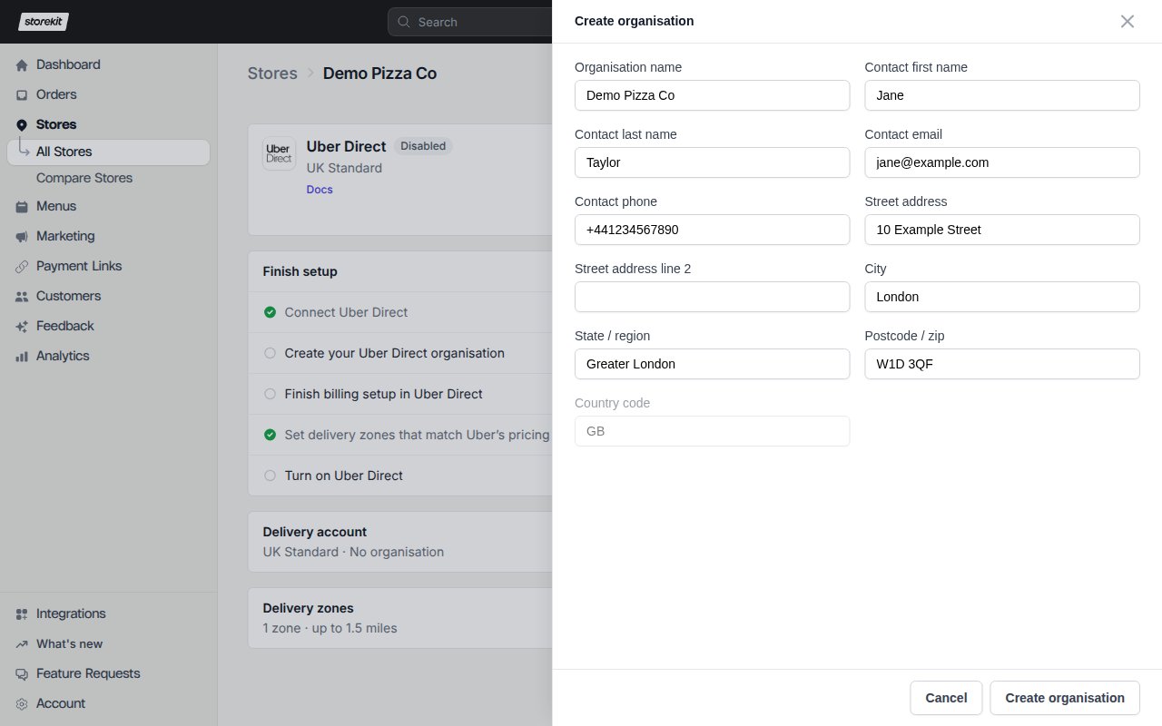 Create organisation panel in the Uber Direct settings