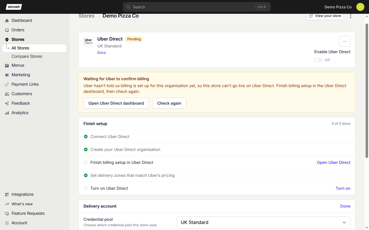 Uber Direct settings showing Waiting for Uber to confirm billing