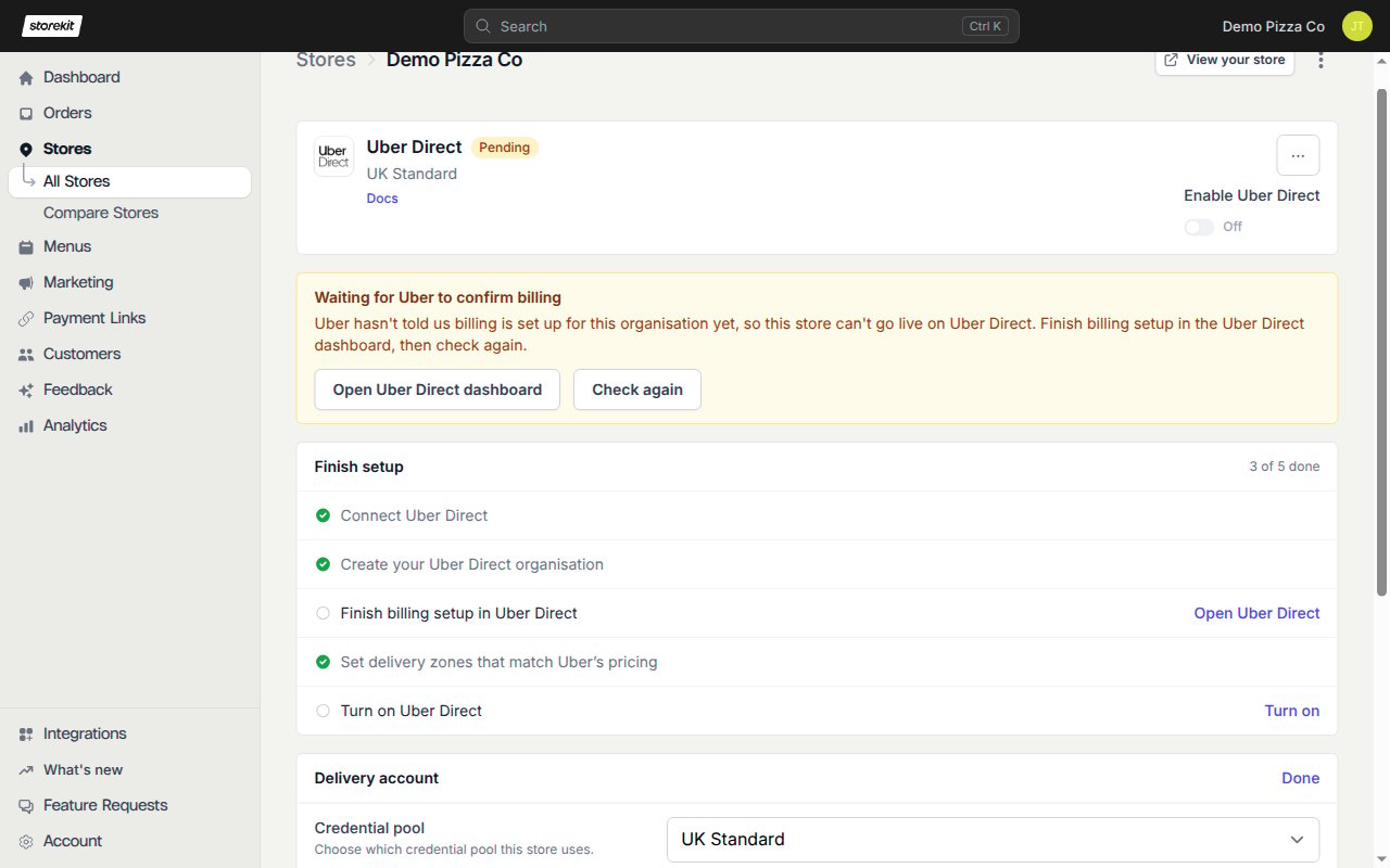 Uber Direct settings showing Waiting for Uber to confirm billing