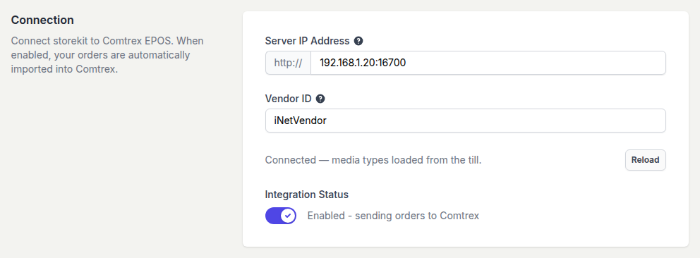 The Connection section of the Comtrex settings page showing Server IP Address, Vendor ID, the Connected status line with a Reload button, and Integration Status enabled