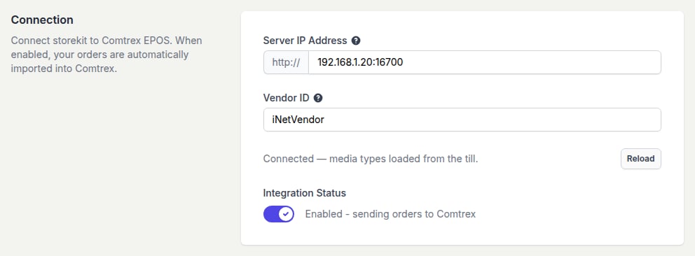 The Connection section of the Comtrex settings page showing Server IP Address, Vendor ID, the Connected status line with a Reload button, and Integration Status enabled