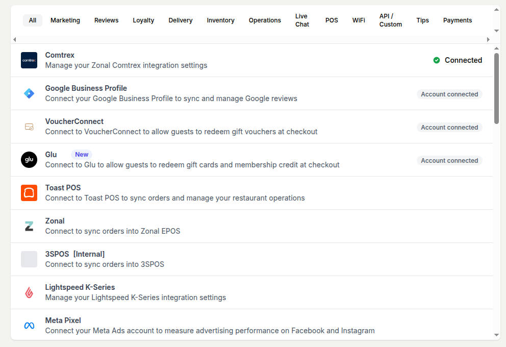 The Integrations list in a store's settings, with Comtrex at the top of the list and a green Connected badge