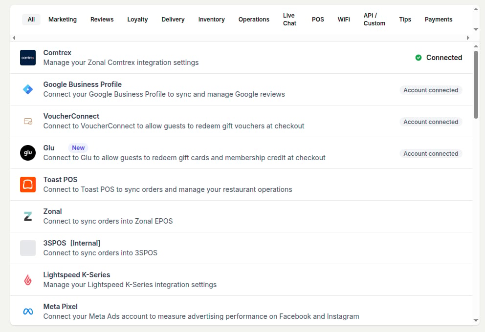The Integrations list in a store's settings, with Comtrex at the top of the list and a green Connected badge