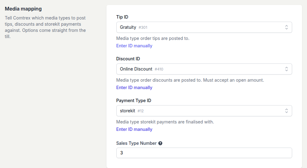 The Media mapping section with Tip ID set to Gratuity #301, Discount ID set to Online Discount #410, Payment Type ID set to storekit #12, and Sales Type Number 3
