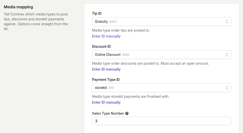 The Media mapping section with Tip ID set to Gratuity #301, Discount ID set to Online Discount #410, Payment Type ID set to storekit #12, and Sales Type Number 3