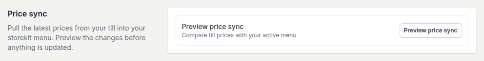 The Price sync section with a Preview price sync row described as Compare till prices with your active menu