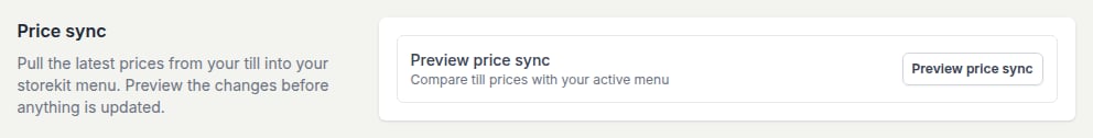 The Price sync section with a Preview price sync row described as Compare till prices with your active menu