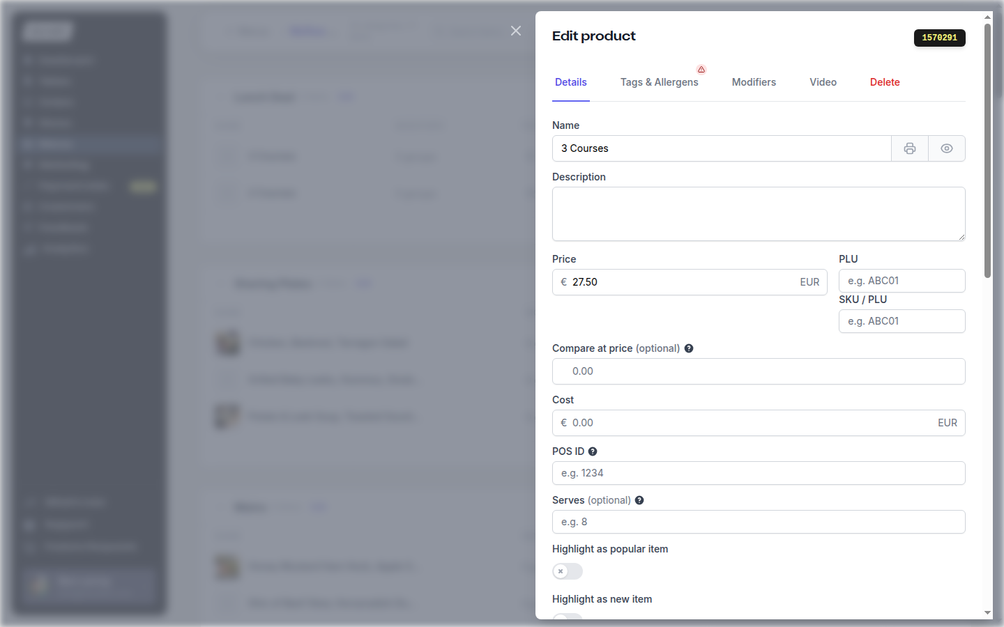 The Edit product drawer with the POS ID field highlighted under the product details
