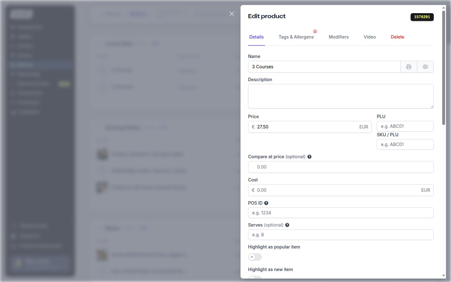 The Edit product drawer with the POS ID field highlighted under the product details