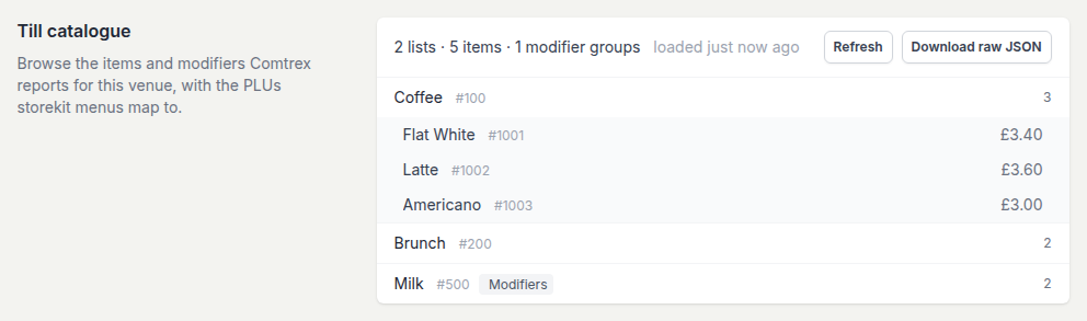 The Till catalogue section listing Mains and Drinks lists with item names, POS IDs and prices, plus a Sauces modifier group, with Refresh and Download raw JSON buttons
