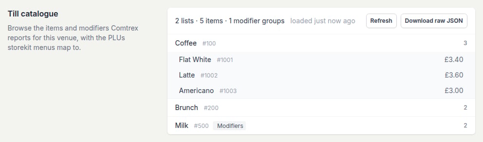 The Till catalogue section listing Mains and Drinks lists with item names, POS IDs and prices, plus a Sauces modifier group, with Refresh and Download raw JSON buttons